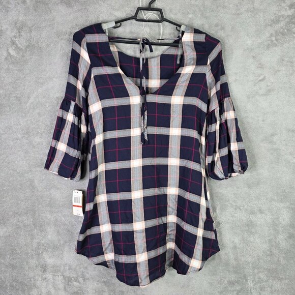 Womens Copper Key Blue Red Plaid Tunic Dress 3/4 Sleeve Round Neck Size XS - Picture 2 of 10